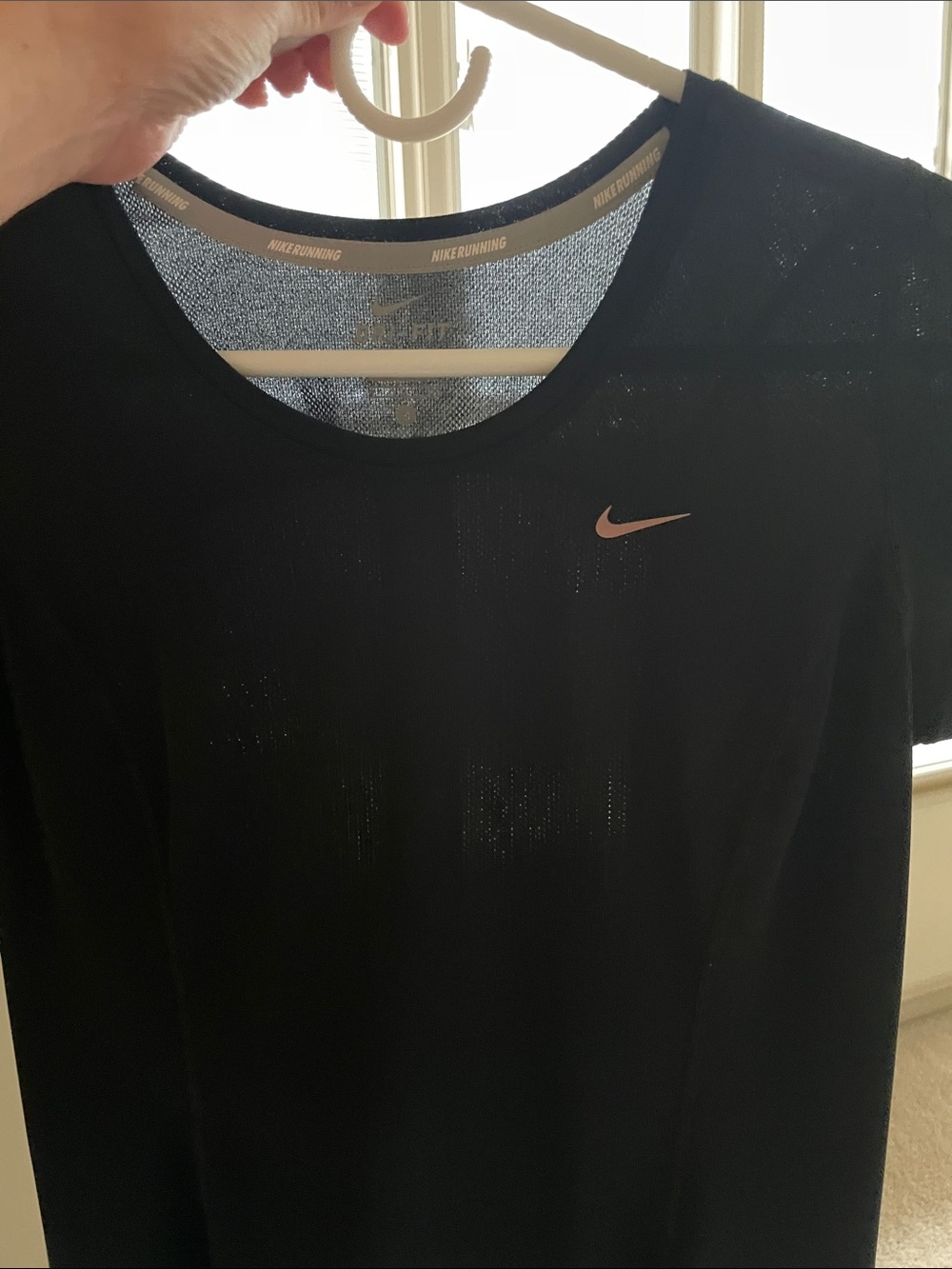DRI-FIT Nike Women’s Black Short-Sleeve Running Tee with Pink Swoosh